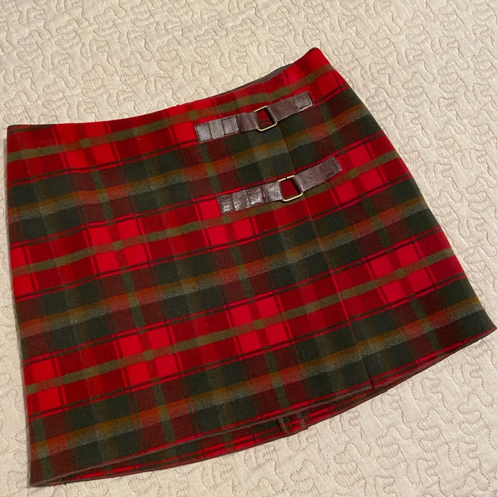 Laundry red plaid skirt with leather details